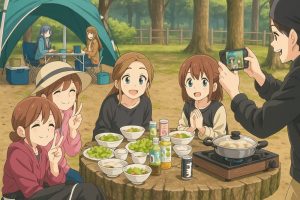 「岡山で活動する料理サークル『ちゃお～！』のメンバーが、森の中のキャンプ場で外ごはんや自撮りを楽しんでいる温かみのあるイラスト」