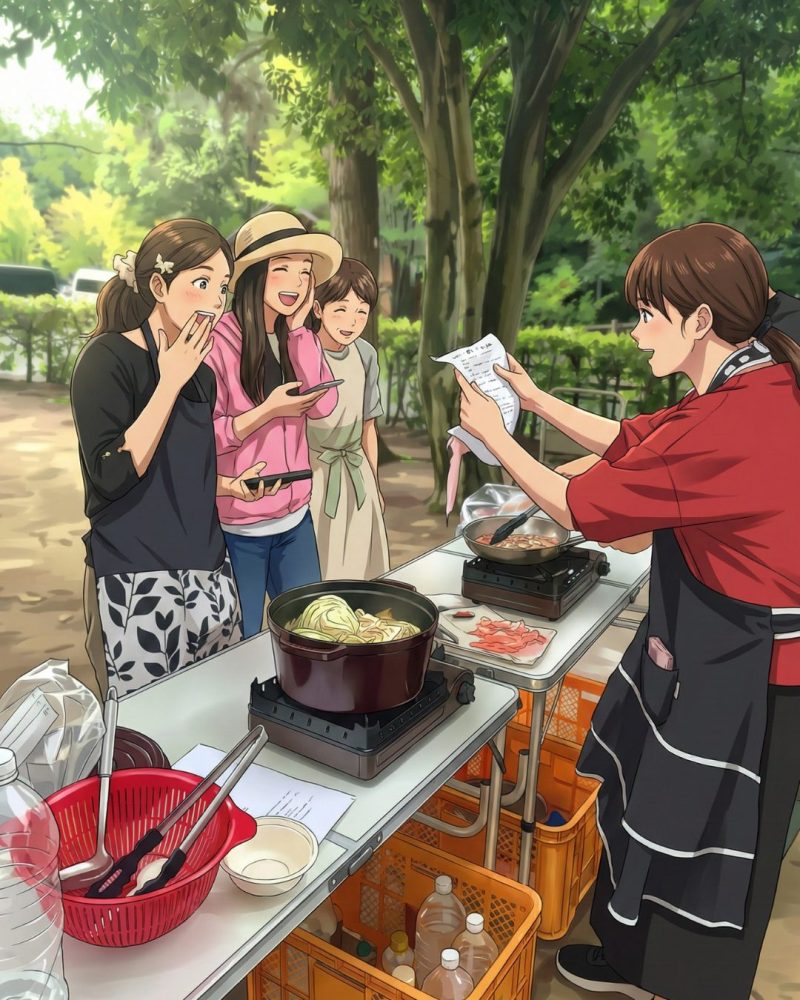 岡山で活動する料理サークル『ちゃお～！』のメンバーが、森の中のキャンプ場で楽しそうにアウトドア料理を作っているアニメ風イラスト