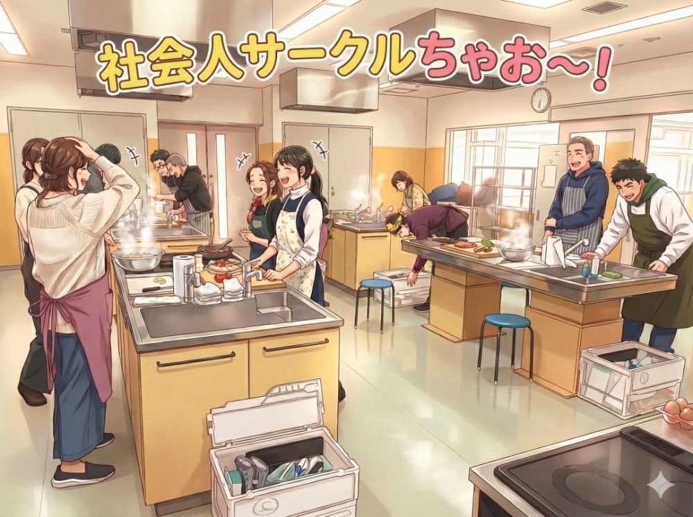 岡山で活動する社会人サークル「ちゃお～！ 」のメンバーたちが、広いキッチンで賑やかに料理を楽しんでいる調理実習の風景